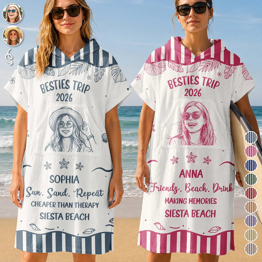 Custom Photo Cheaper Than Therapy Besties Trip Pencil Sketch - Personalized Hooded Poncho Towel