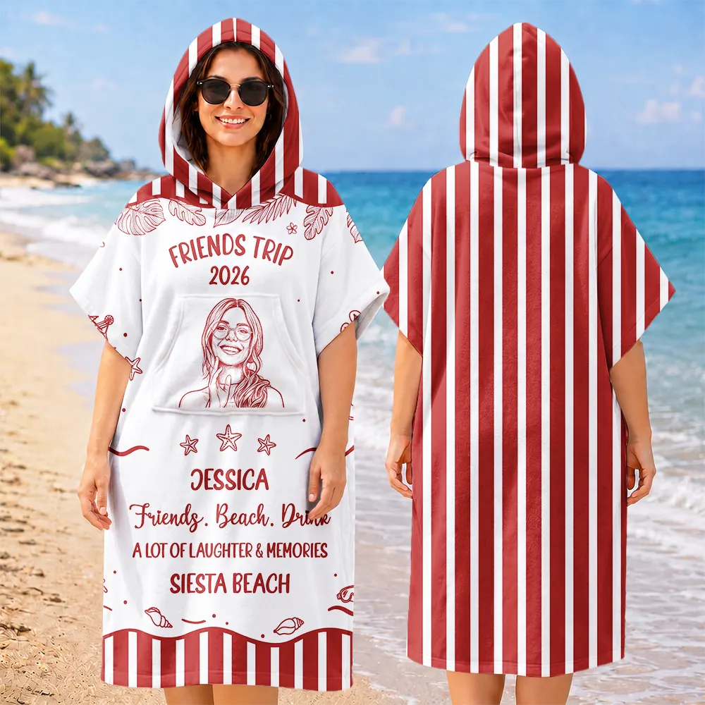 Custom Photo Cheaper Than Therapy Besties Trip Pencil Sketch - Personalized Hooded Poncho Towel