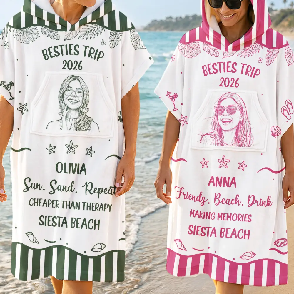 Custom Photo Cheaper Than Therapy Besties Trip Pencil Sketch - Personalized Hooded Poncho Towel