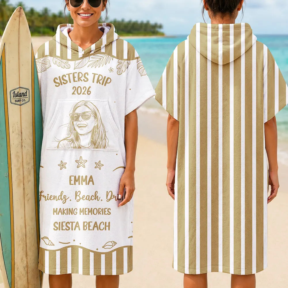 Custom Photo Cheaper Than Therapy Besties Trip Pencil Sketch - Personalized Hooded Poncho Towel