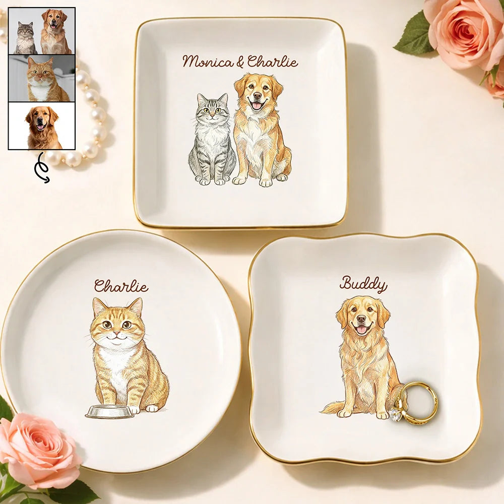 Custom Photo Colored Pencil Sketch Funny Dog Cat - Personalized Ring Dish