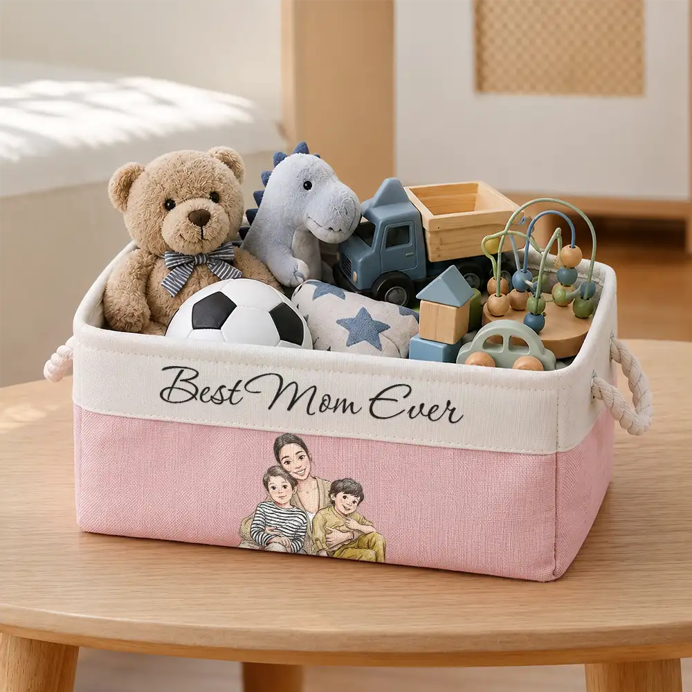 Custom Photo Colored Pencil Sketch Happy Family Dad Mom Kid Pet - Personalized Storage Basket