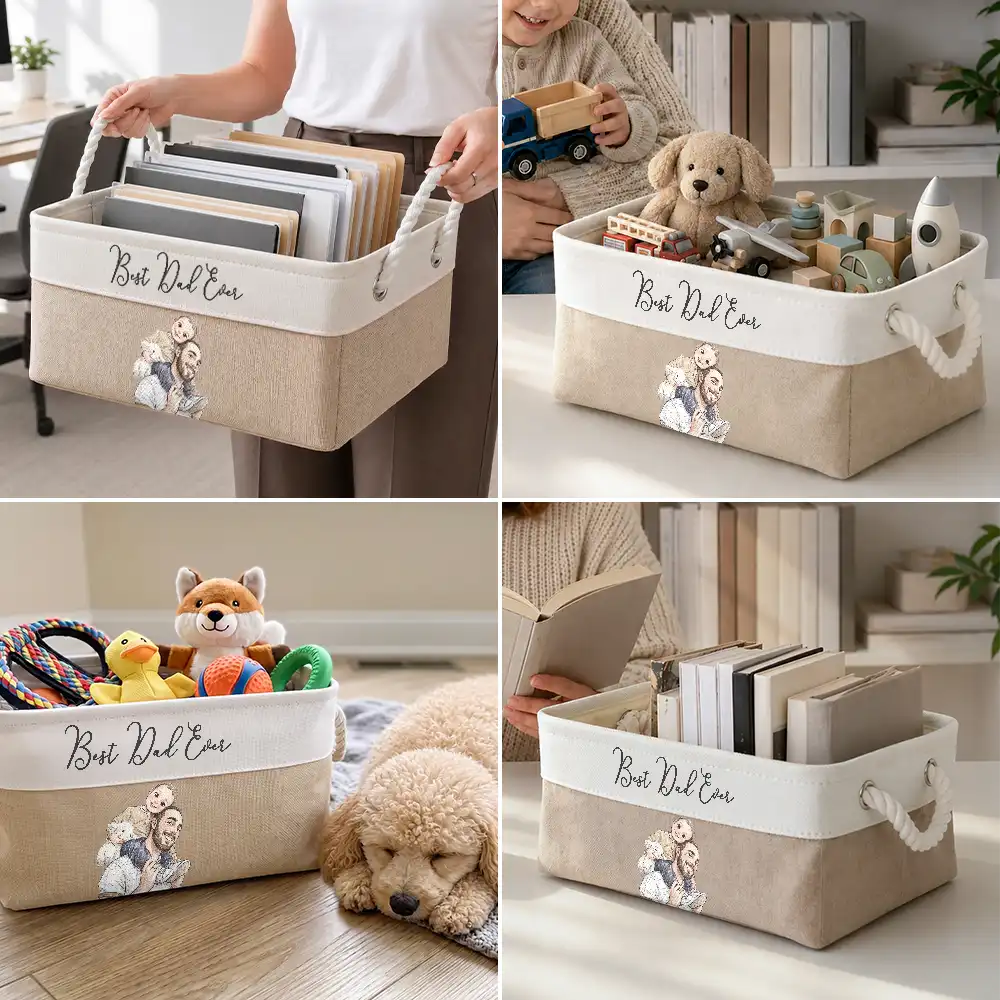 Custom Photo Colored Pencil Sketch Happy Family Dad Mom Kid Pet - Personalized Storage Basket