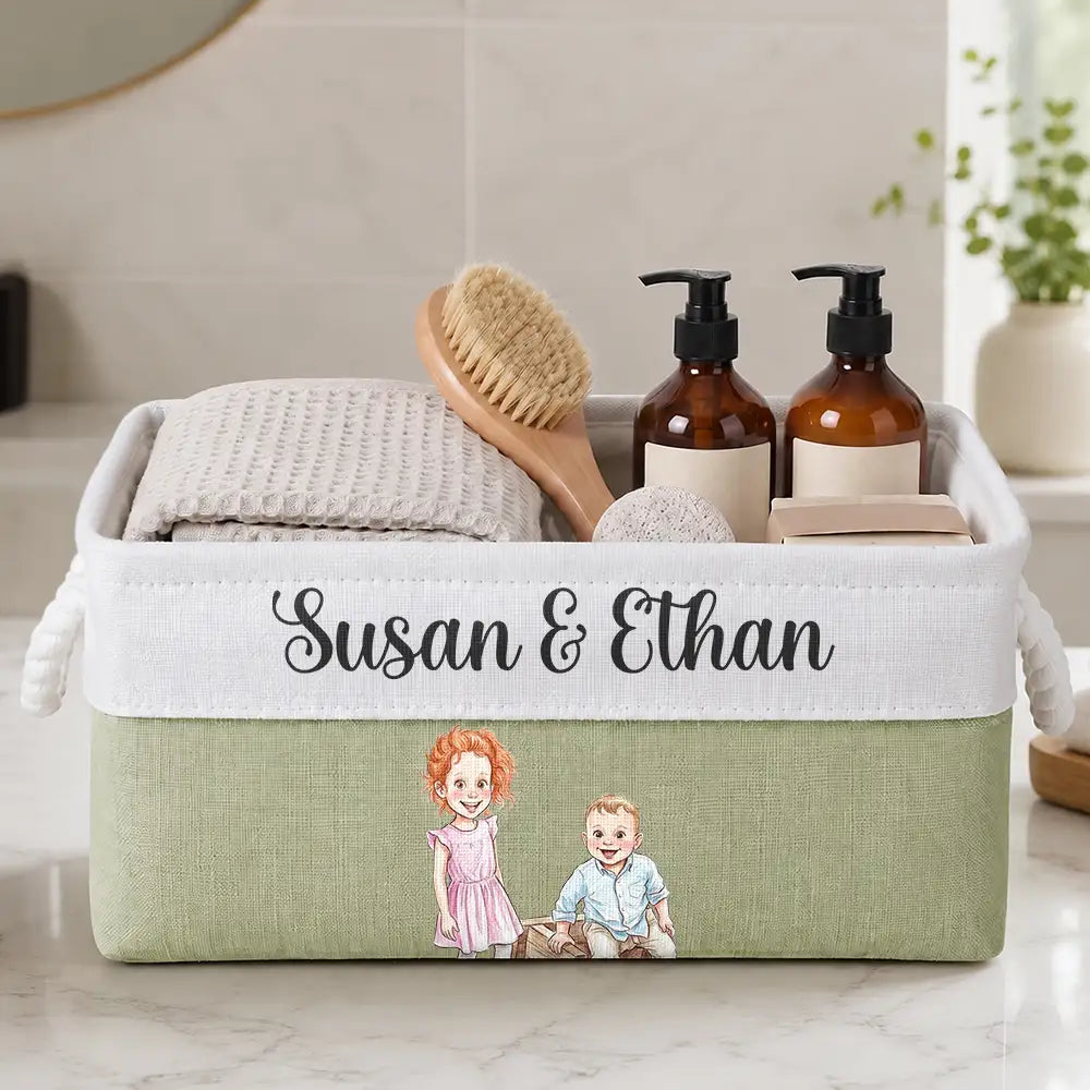 Custom Photo Colored Pencil Sketch Happy Family Dad Mom Kid Pet - Personalized Storage Basket