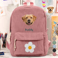 Custom Photo Dog Cat Face With Faux Embroidery Flower - Personalized Corduroy Backpack