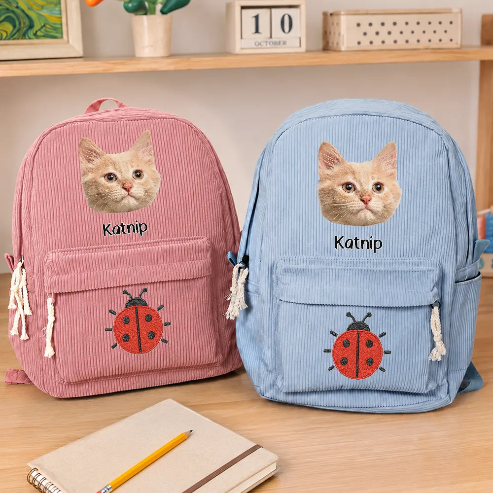 Custom Photo Dog Cat Face With Faux Embroidery Flower - Personalized Corduroy Backpack