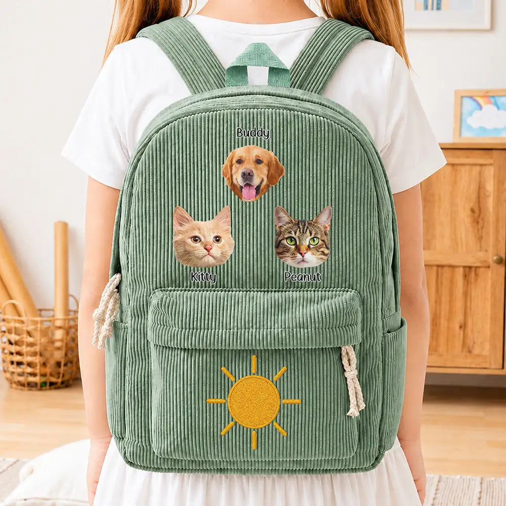 Custom Photo Dog Cat Face With Faux Embroidery Flower - Personalized Corduroy Backpack