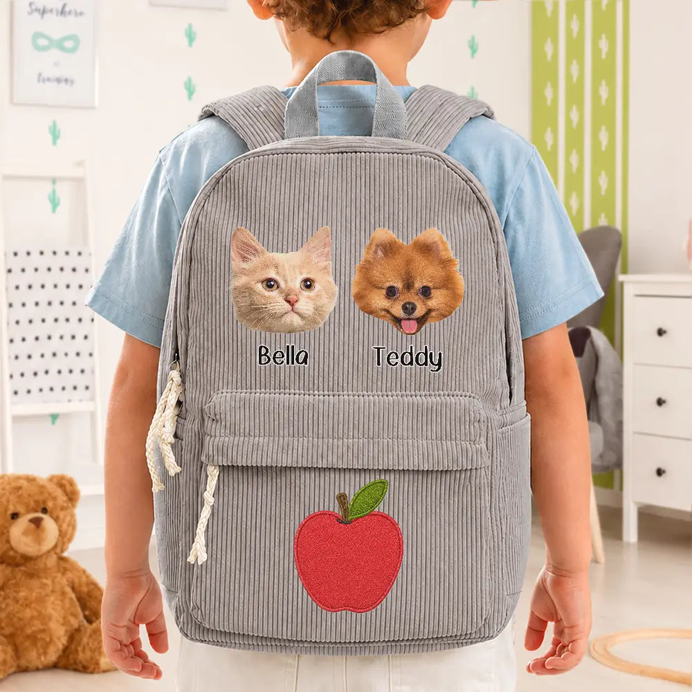 Custom Photo Dog Cat Face With Faux Embroidery Flower - Personalized Corduroy Backpack