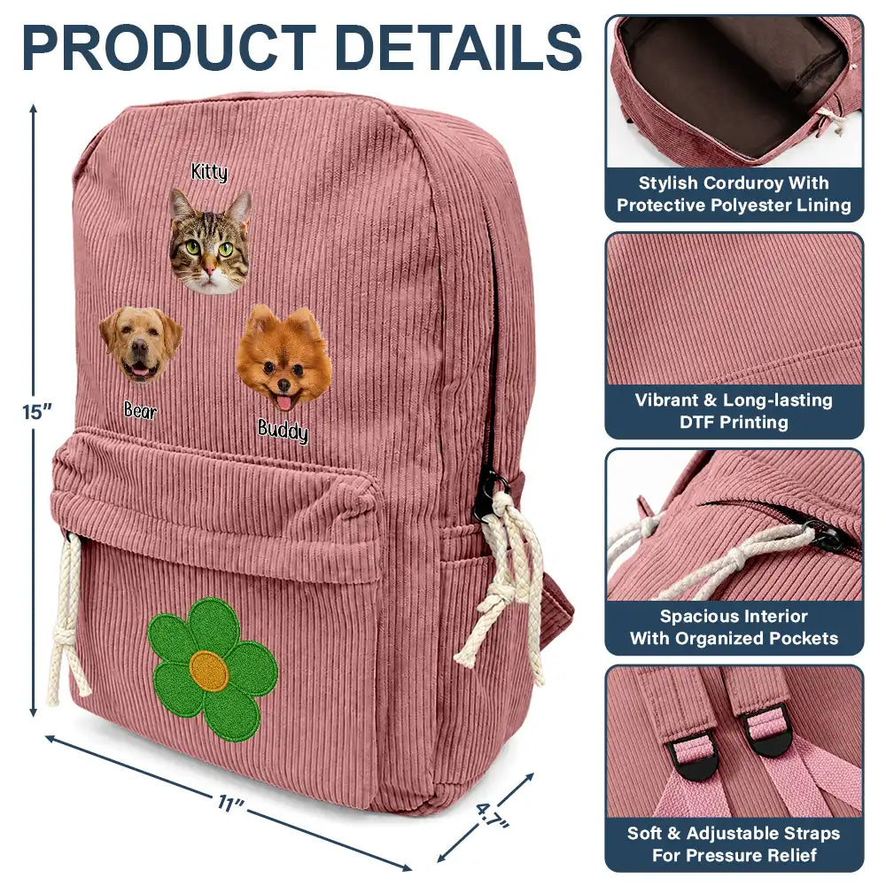 Custom Photo Dog Cat Face With Faux Embroidery Flower - Personalized Corduroy Backpack