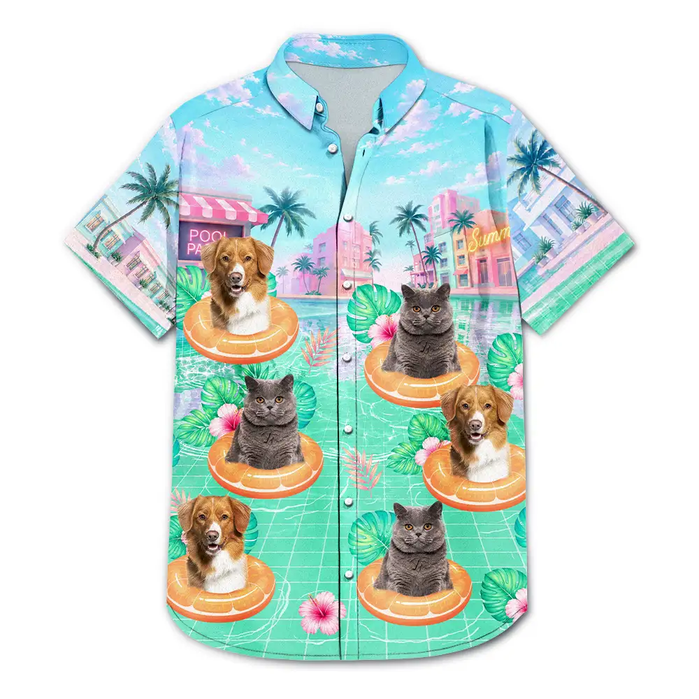 Custom Photo Dog Cat Kid Summer Poolside - Personalized Hawaiian Shirt