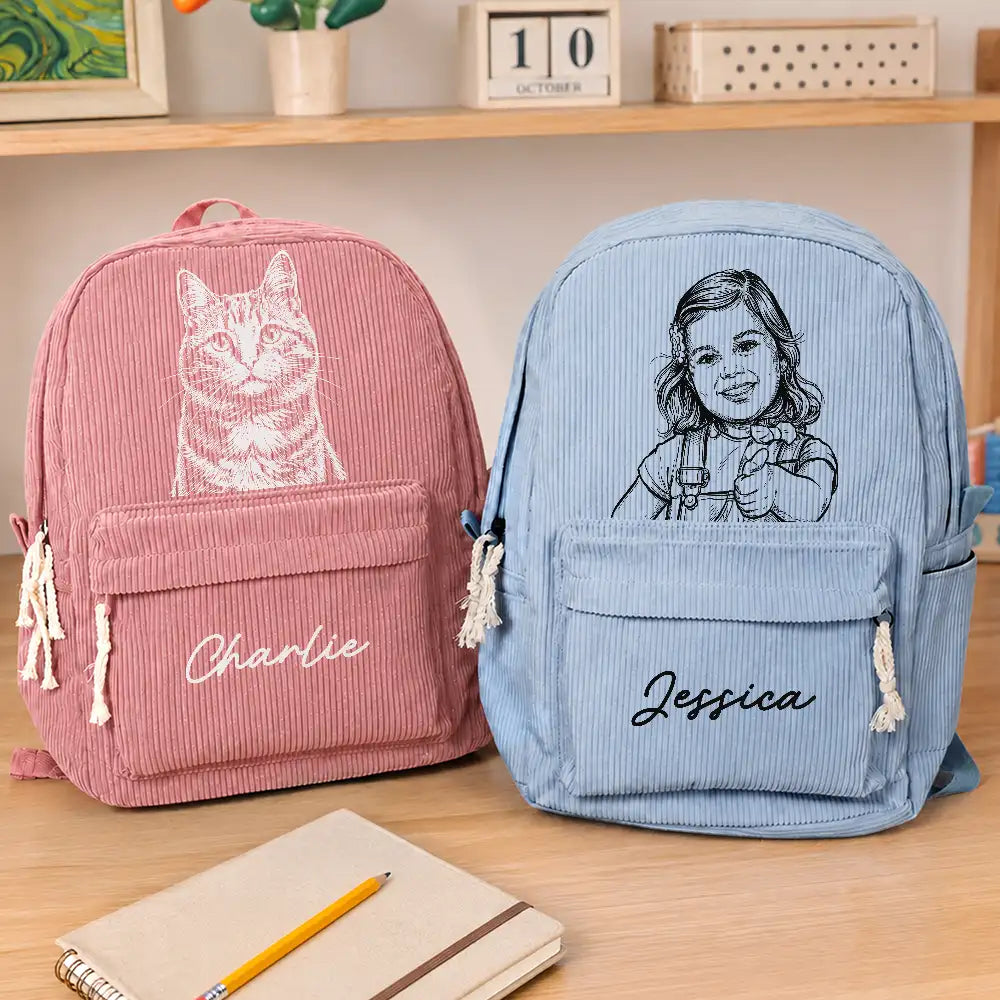 Custom Photo Family Besties Dog Cat Portrait Pencil Sketch - Personalized Corduroy Backpack