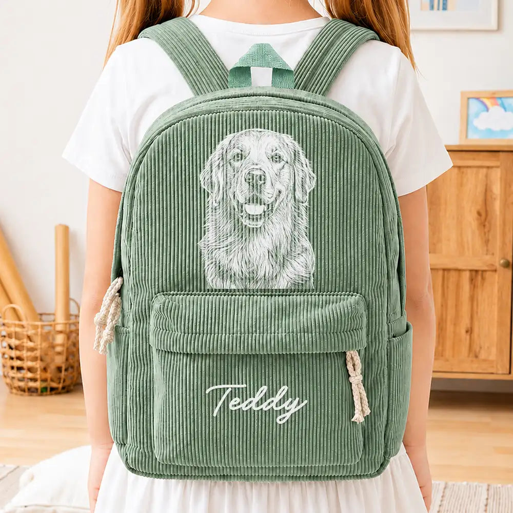 Custom Photo Family Besties Dog Cat Portrait Pencil Sketch - Personalized Corduroy Backpack