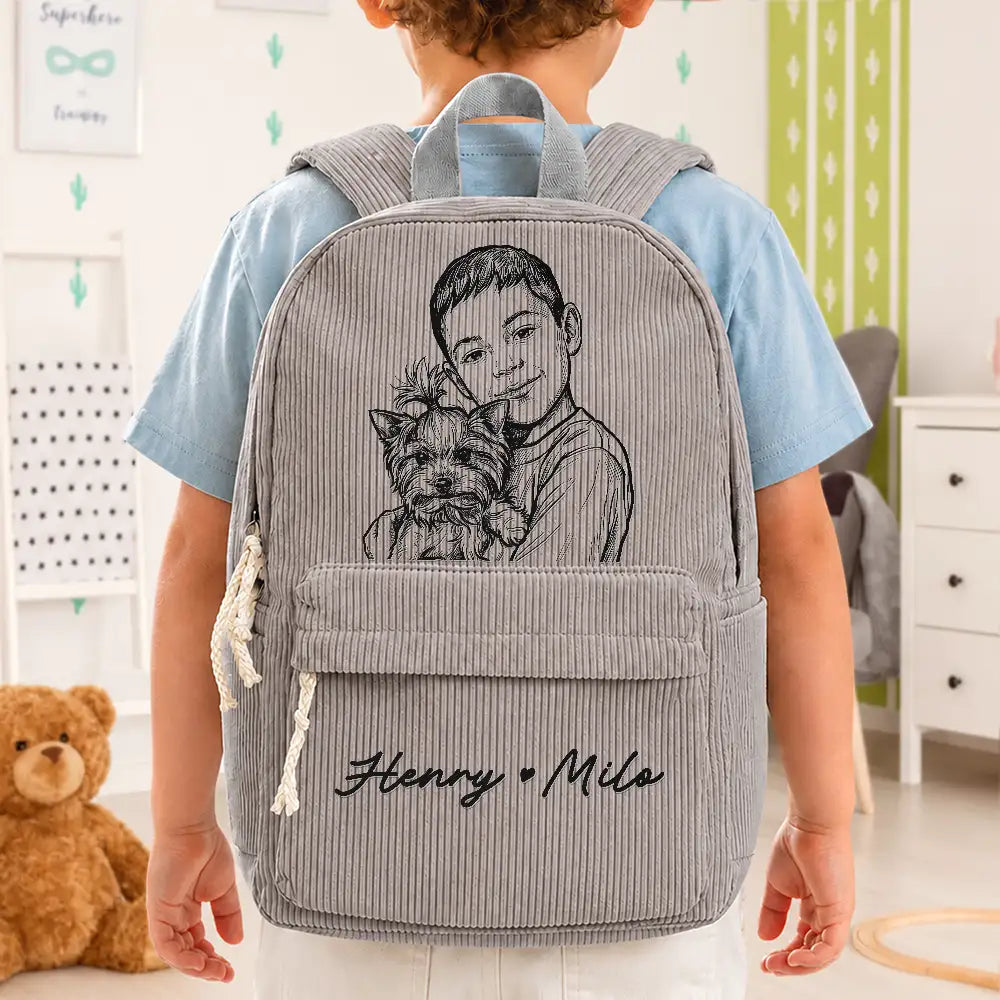 Custom Photo Family Besties Dog Cat Portrait Pencil Sketch - Personalized Corduroy Backpack