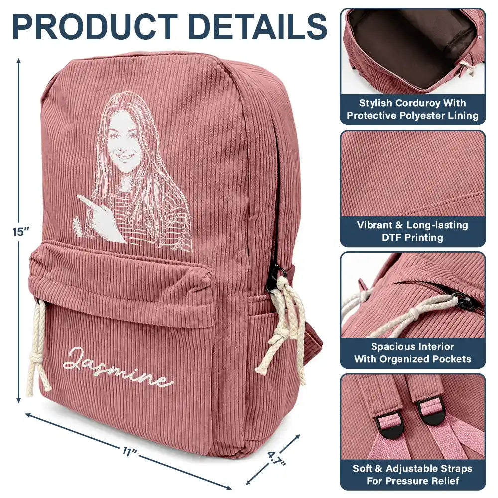 Custom Photo Family Besties Dog Cat Portrait Pencil Sketch - Personalized Corduroy Backpack