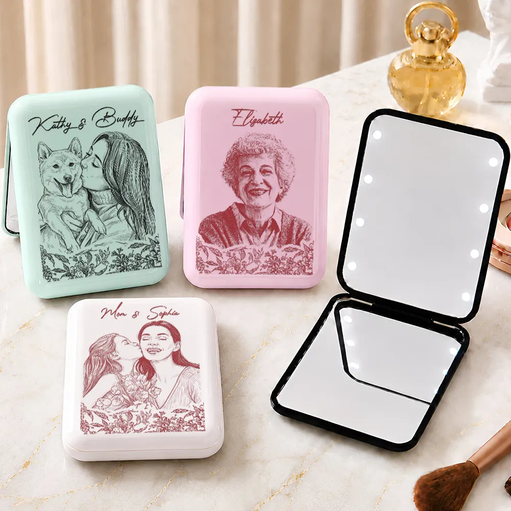 Custom Photo Family Couple Pet Pencil Sketch Toile De Jouy - Personalized LED Compact Mirror