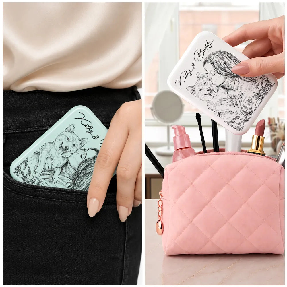 Custom Photo Family Couple Pet Pencil Sketch Toile De Jouy - Personalized LED Compact Mirror