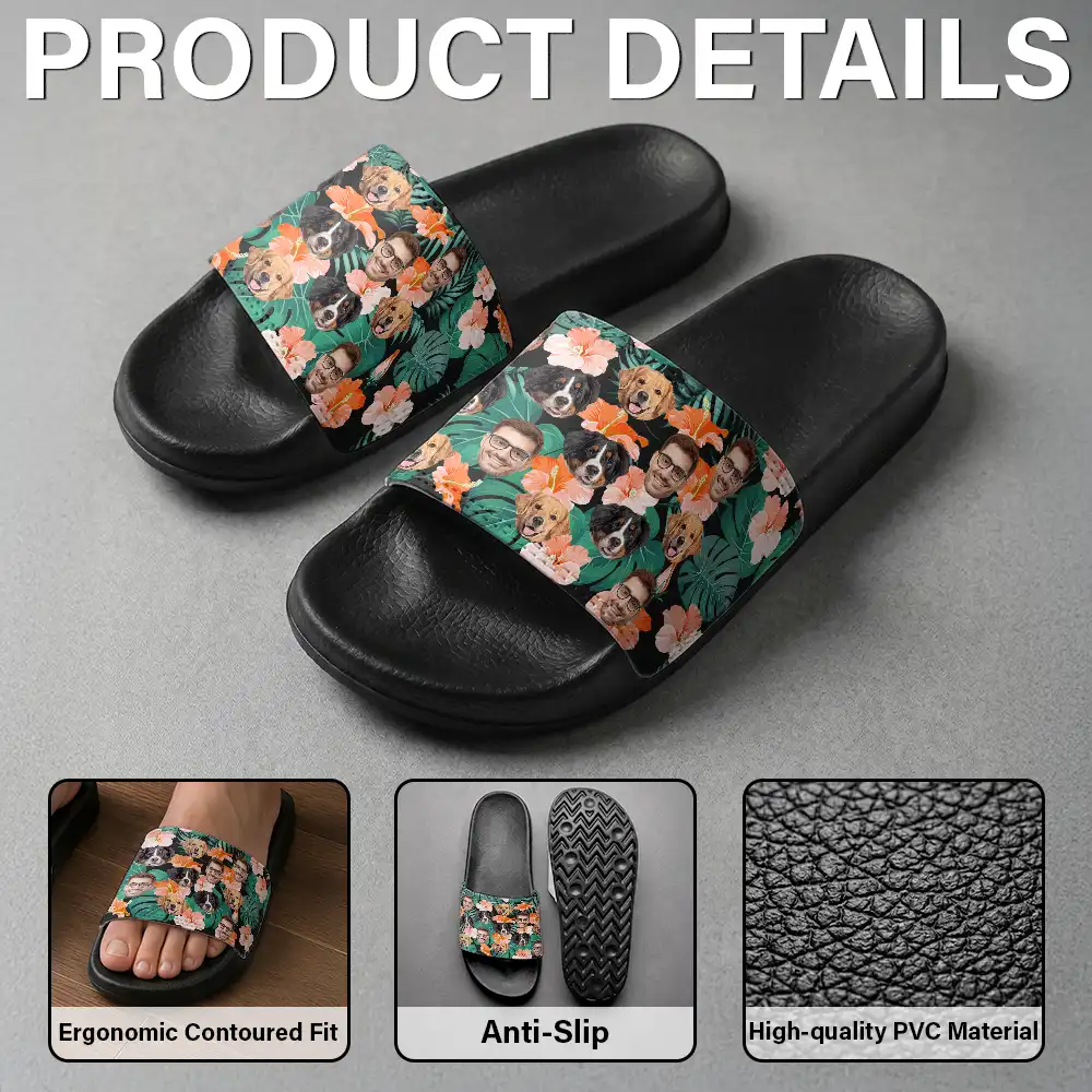 Custom Photo Funny Pet Face Hawaii Gift For Family, Couple, Dog And Cat Lovers - Personalized Unisex Slides