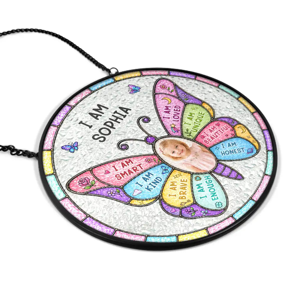 Custom Photo I Am Smart Kind Brave Butterfly Flower Rainbow - Personalized Stained Glass Window Hanging Suncatcher