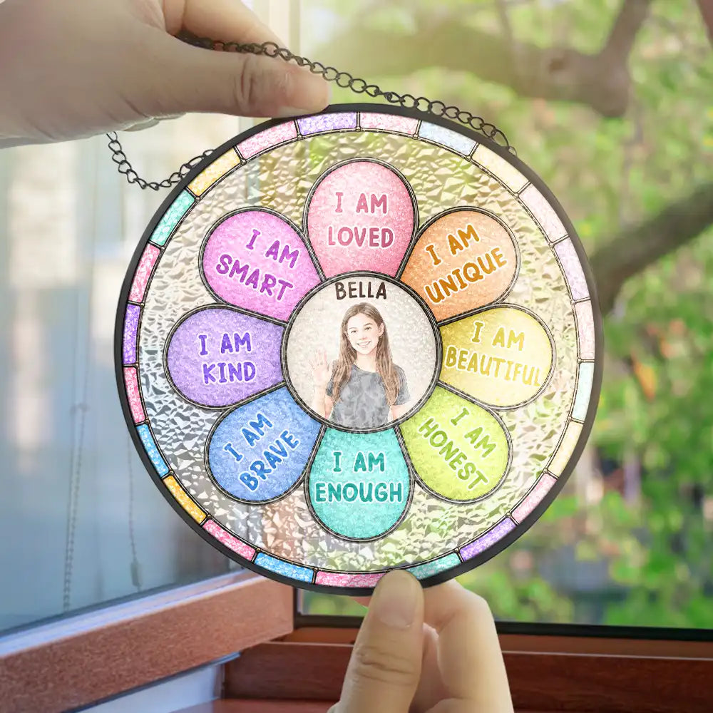 Custom Photo I Am Smart Kind Brave Butterfly Flower Rainbow - Personalized Stained Glass Window Hanging Suncatcher