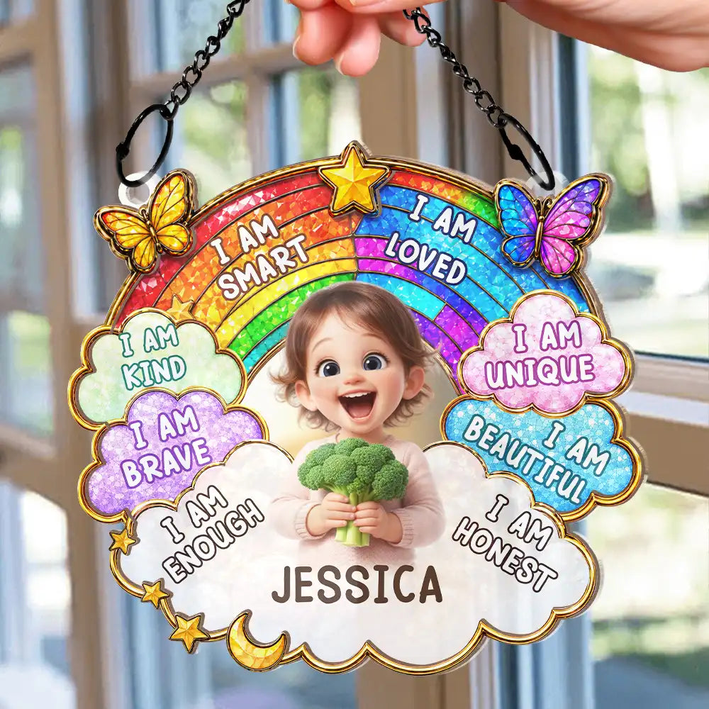 Custom Photo I Am Smart Kind Brave Butterfly Flower Rainbow - Personalized Window Hanging Suncatcher Ornament