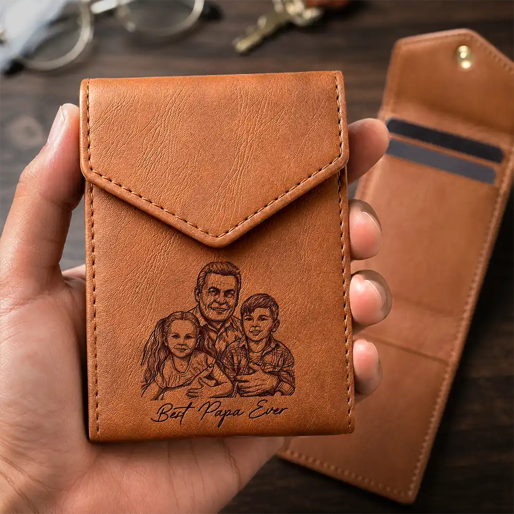 Custom Photo Ink Drawing Family Portrait Best Grandpa Dad Ever - Personalized Leather Slim Wallet