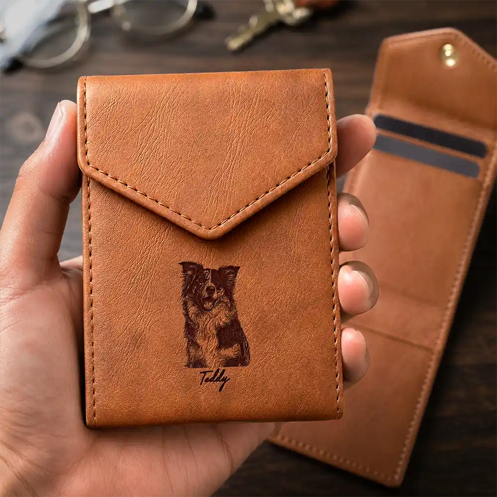 Custom Photo Ink Drawing Portrait Dog Cat With Name - Personalized Leather Slim Wallet