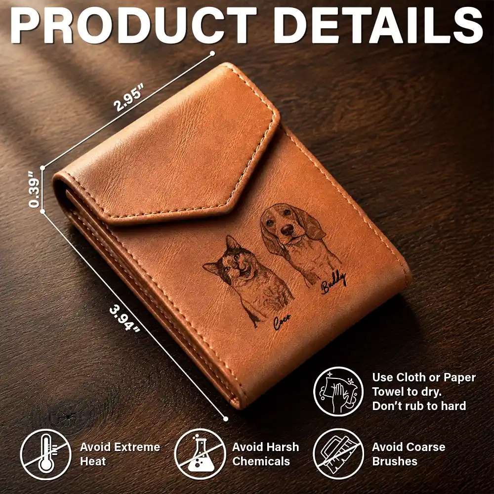 Custom Photo Ink Drawing Portrait Dog Cat With Name - Personalized Leather Slim Wallet