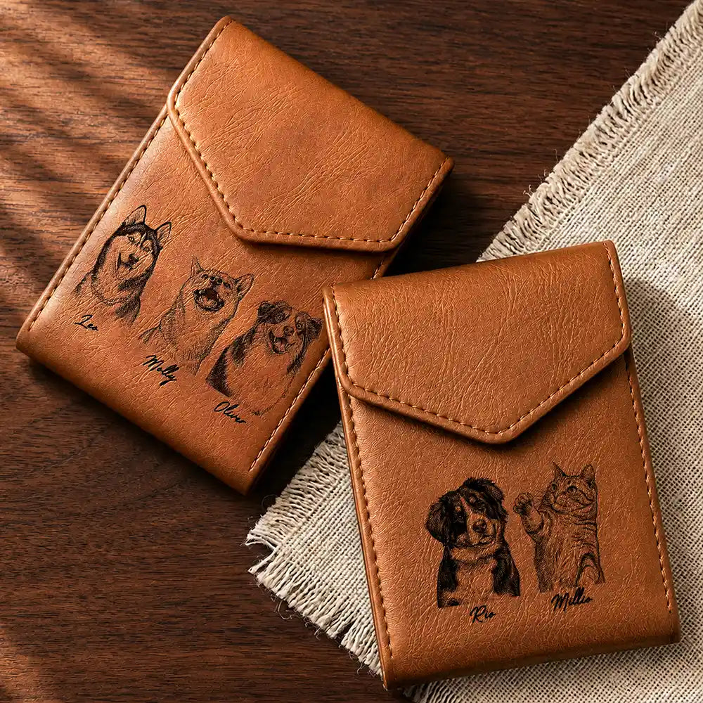 Custom Photo Ink Drawing Portrait Dog Cat With Name - Personalized Leather Slim Wallet
