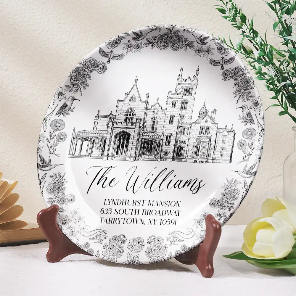 Custom Photo Ink Drawing Wedding Venue Toile De Jouy - Personalized Ceramic Plate