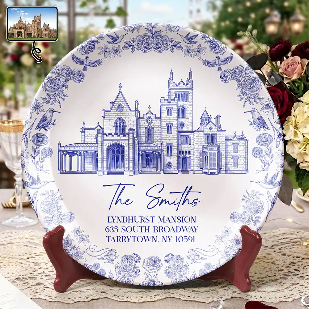 Custom Photo Ink Drawing Wedding Venue Toile De Jouy - Personalized Ceramic Plate