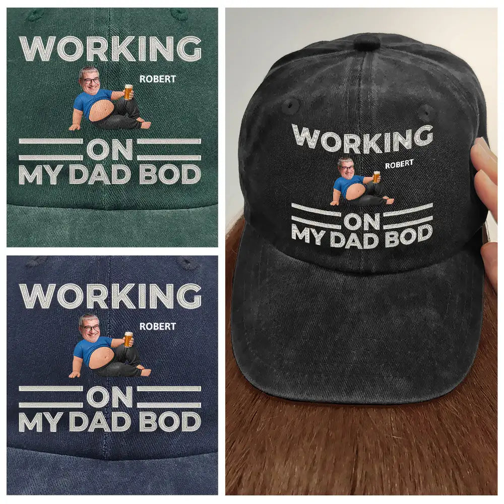 Custom Photo It's Not A Dad Bod Father Figure Faux Embroidery Effect - Personalized Vintage Washed Denim Cap