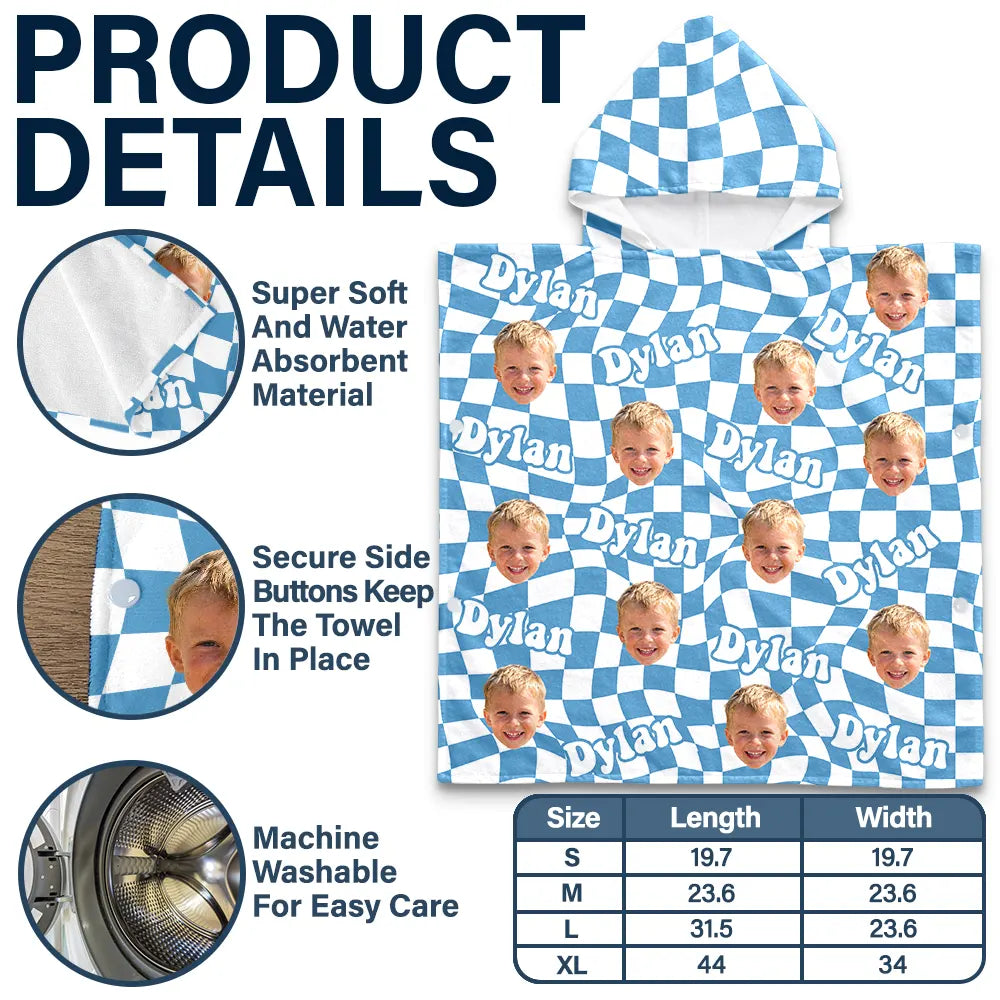 Custom Photo Kid Summer Plaid With Name - Personalized Kids Hooded Poncho Towel