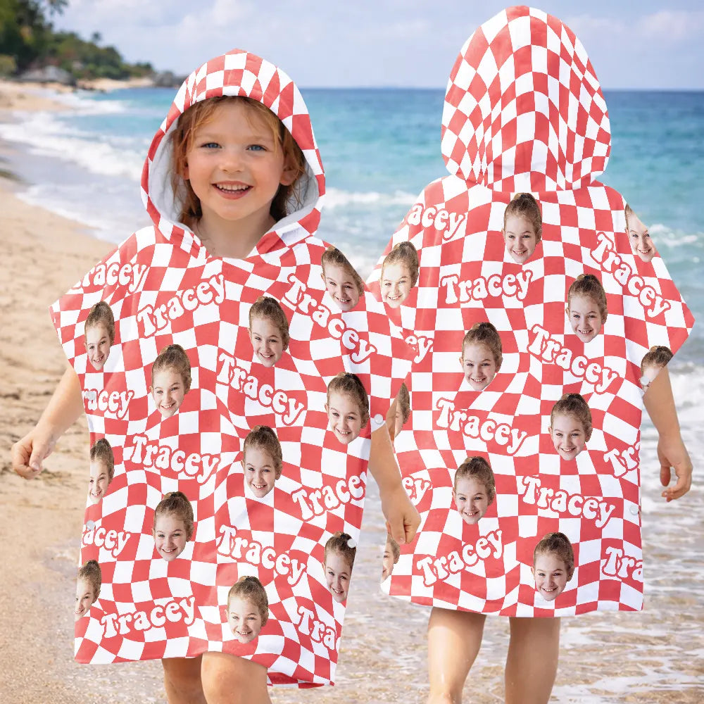 Custom Photo Kid Summer Plaid With Name - Personalized Kids Hooded Poncho Towel