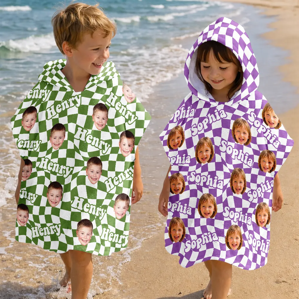 Custom Photo Kid Summer Plaid With Name - Personalized Kids Hooded Poncho Towel