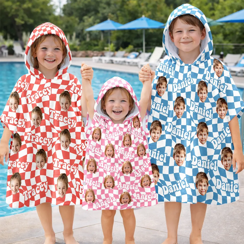 Custom Photo Kid Summer Plaid With Name - Personalized Kids Hooded Poncho Towel