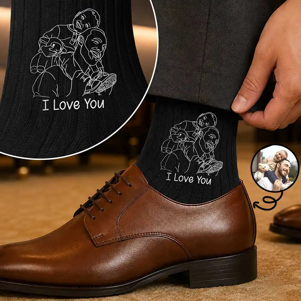 Custom Photo Outline Sketch Best Dad Ever - Personalized Embroidered Socks