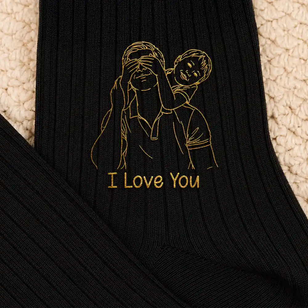 Custom Photo Outline Sketch Best Dad Ever - Personalized Embroidered Socks