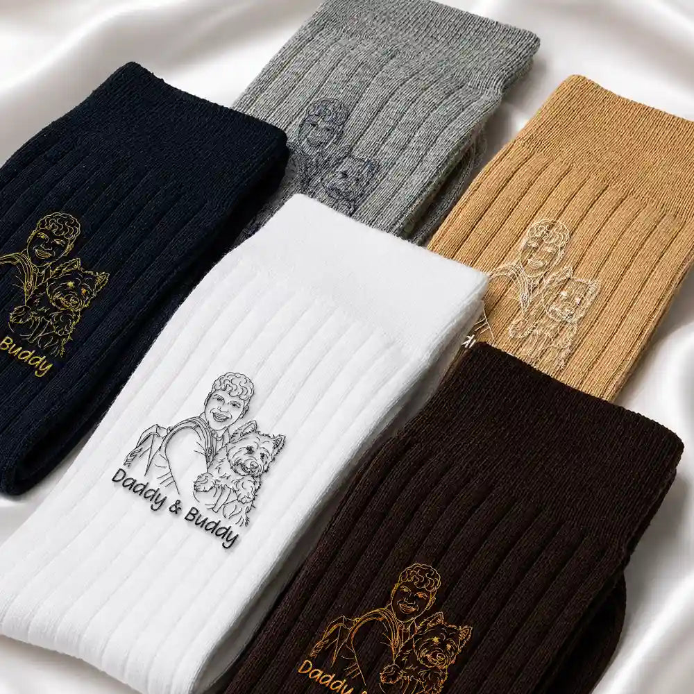 Custom Photo Outline Sketch Best Dad Ever - Personalized Embroidered Socks