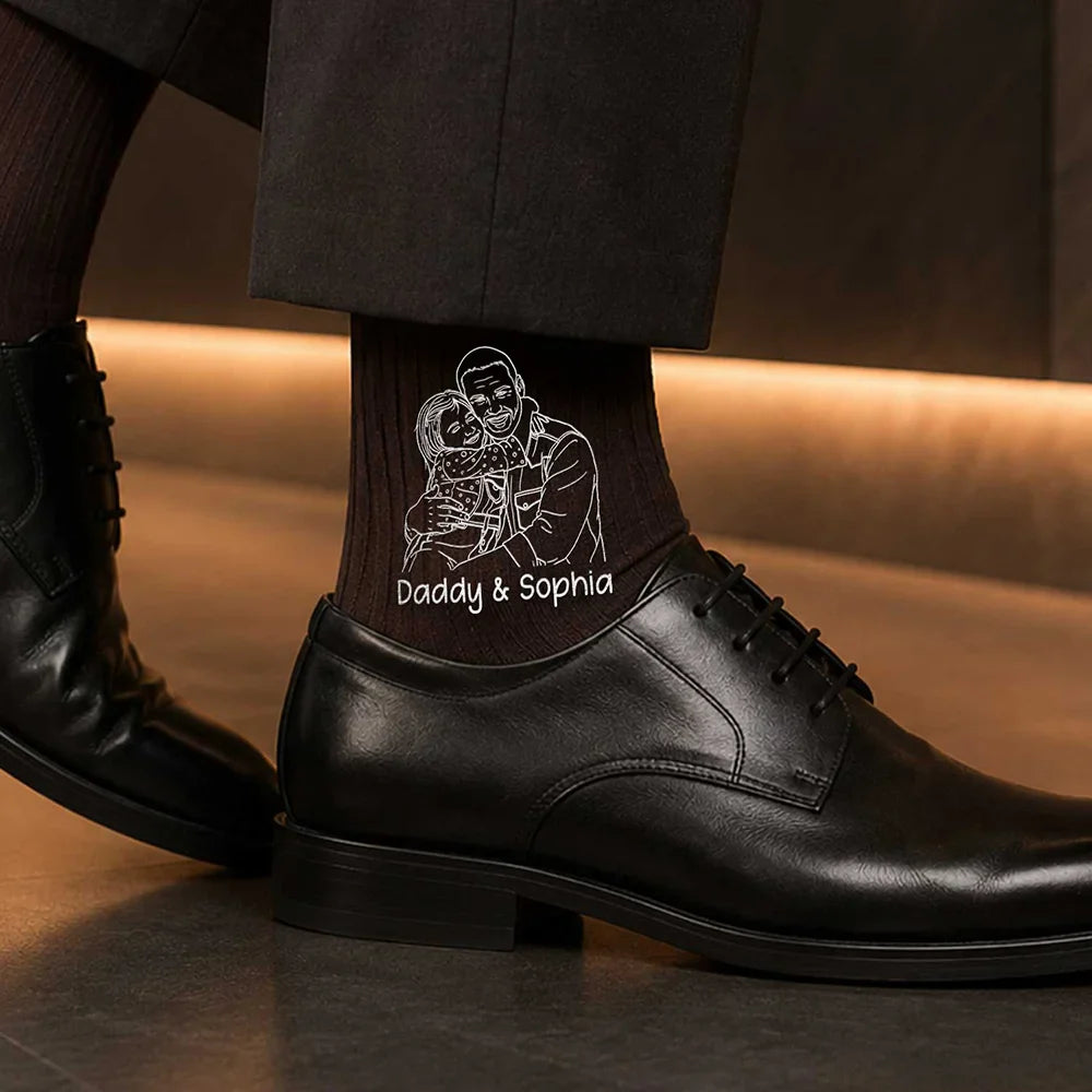 Custom Photo Outline Sketch Best Dad Ever - Personalized Embroidered Socks