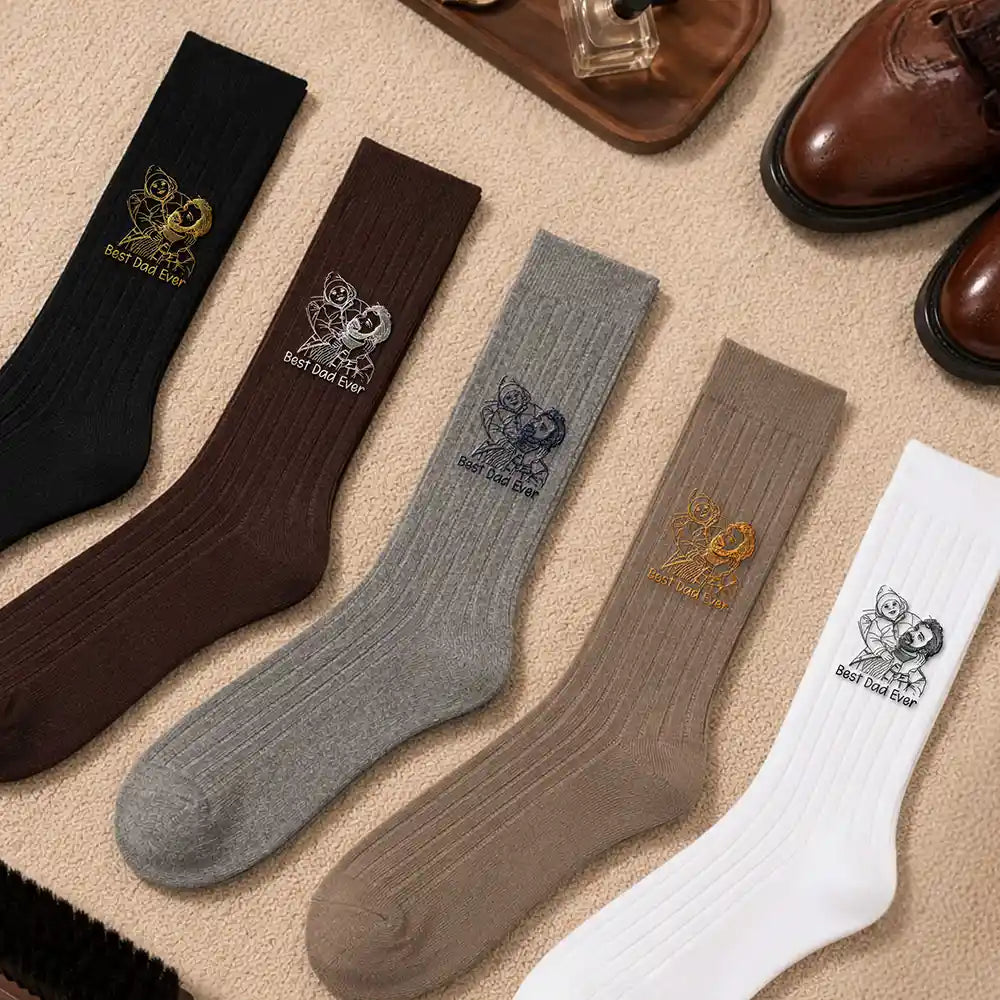 Custom Photo Outline Sketch Best Dad Ever - Personalized Embroidered Socks