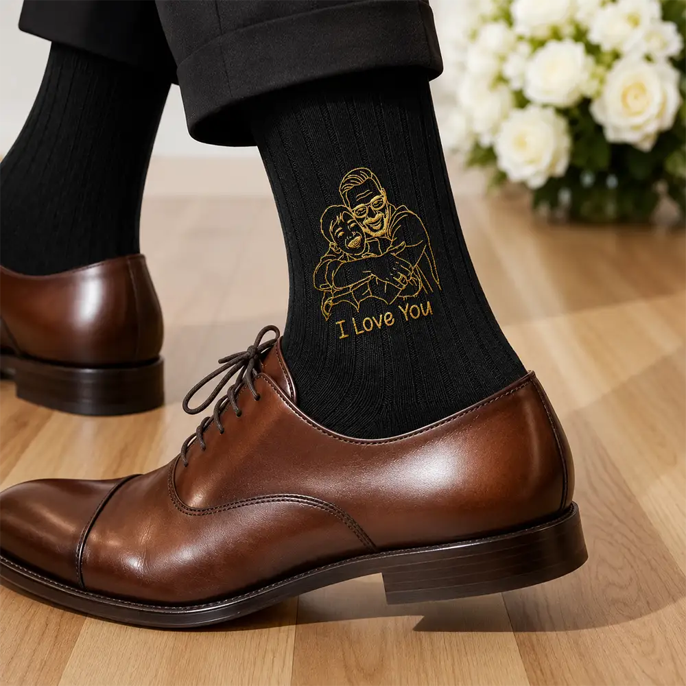 Custom Photo Outline Sketch Best Dad Ever - Personalized Embroidered Socks