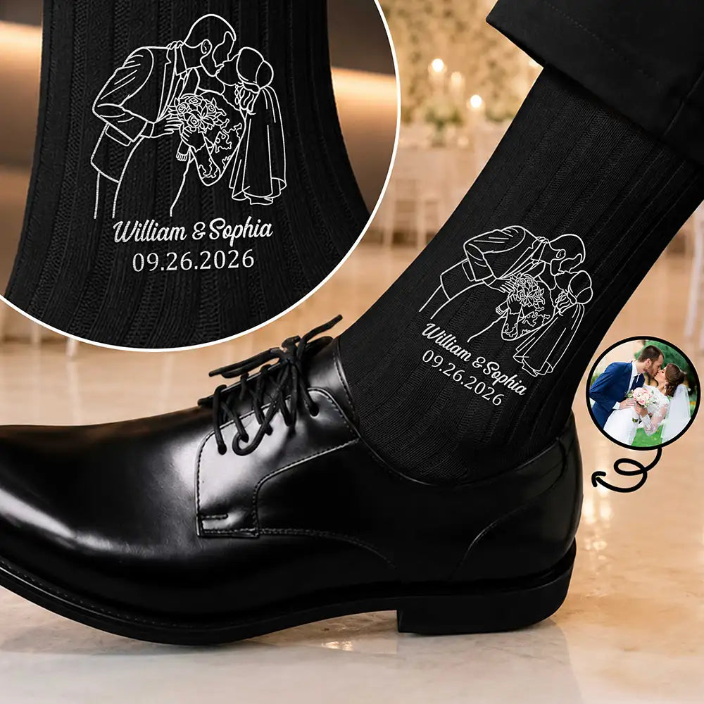 Custom Photo Outline Sketch Couple Romantic Portrait - Personalized Embroidered Socks