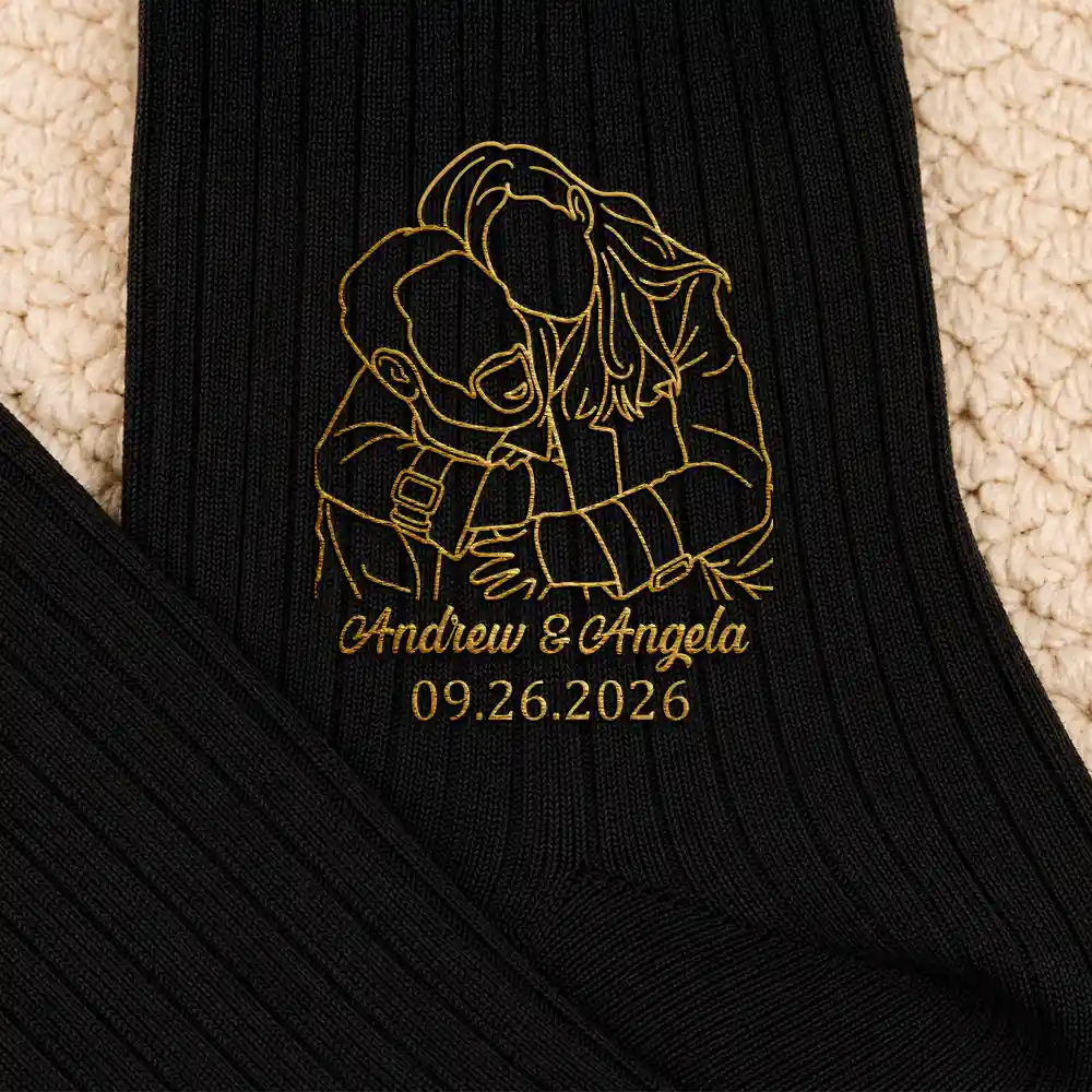 Custom Photo Outline Sketch Couple Romantic Portrait - Personalized Embroidered Socks