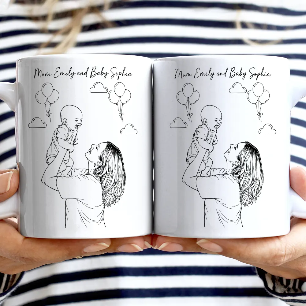 Custom Photo Outline Sketch Mom Dad Baby Family Portrait Line Art - Personalized Mug
