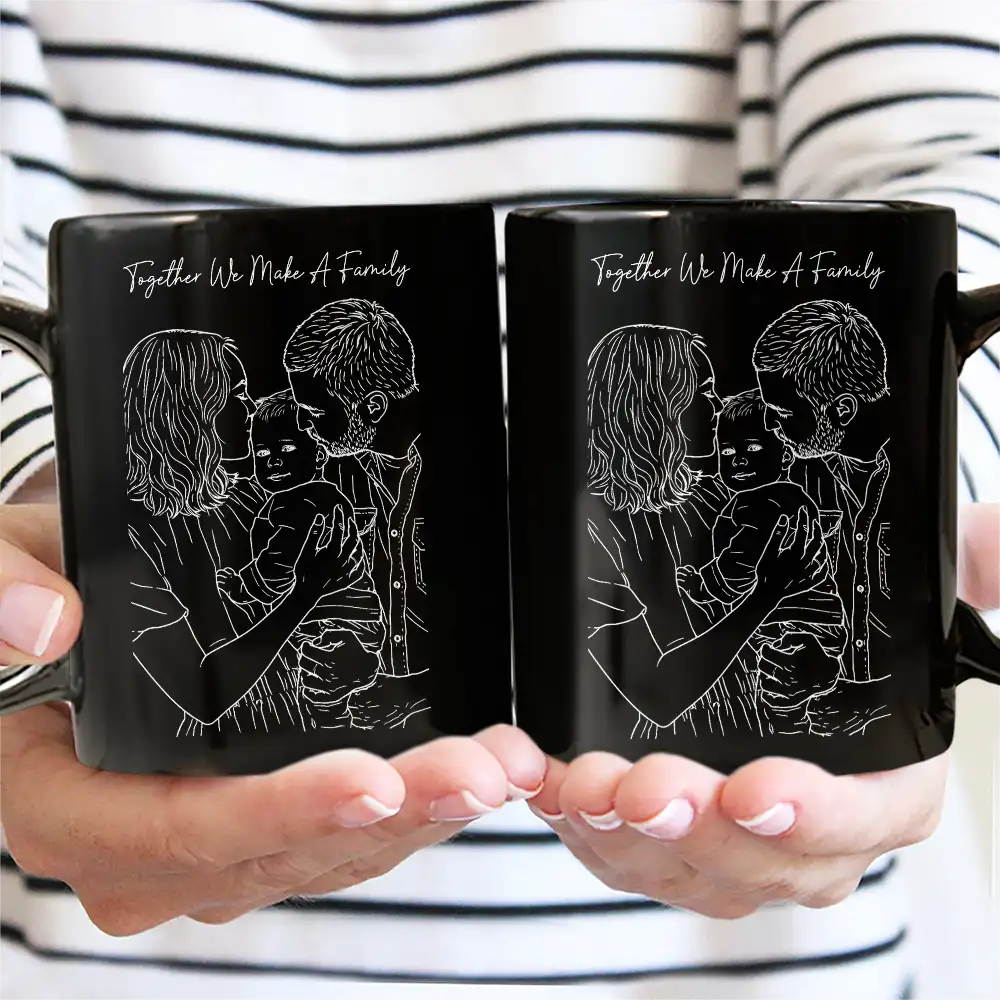 Custom Photo Outline Sketch Mom Dad Baby Family Portrait Line Art - Personalized Mug