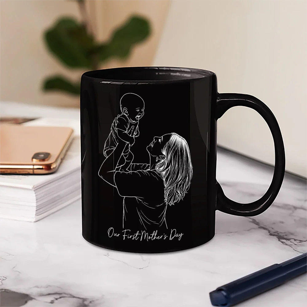 Custom Photo Outline Sketch Mom Dad Baby Family Portrait Line Art - Personalized Mug