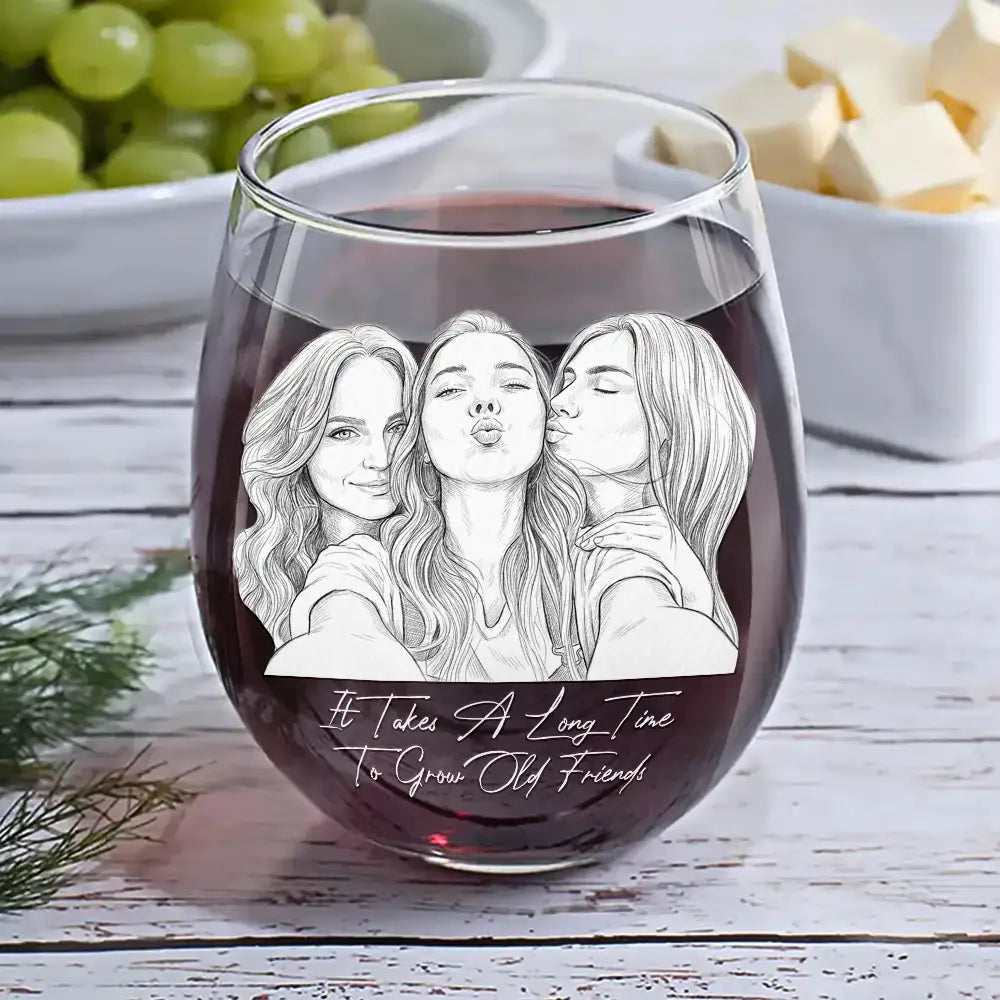 Custom Photo Pencil Sketch Art Right In The Throat Besties - Personalized Stemless Wine Glass