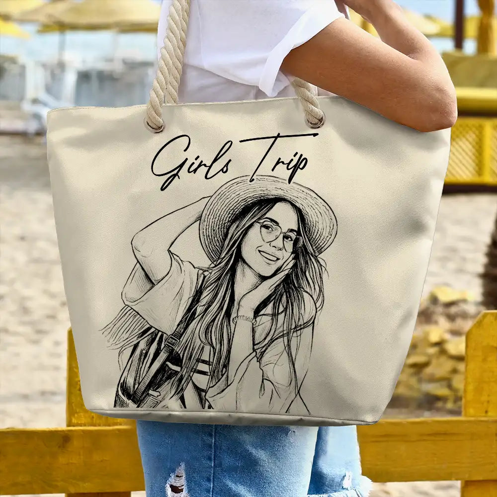 Custom Photo Pencil Sketch Besties Family Pet Funny Portrait - Personalized Beach Bag