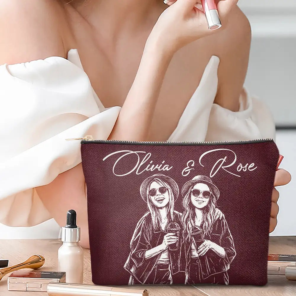Custom Photo Pencil Sketch Besties Family Pet Funny Portrait - Personalized Cosmetic Bag