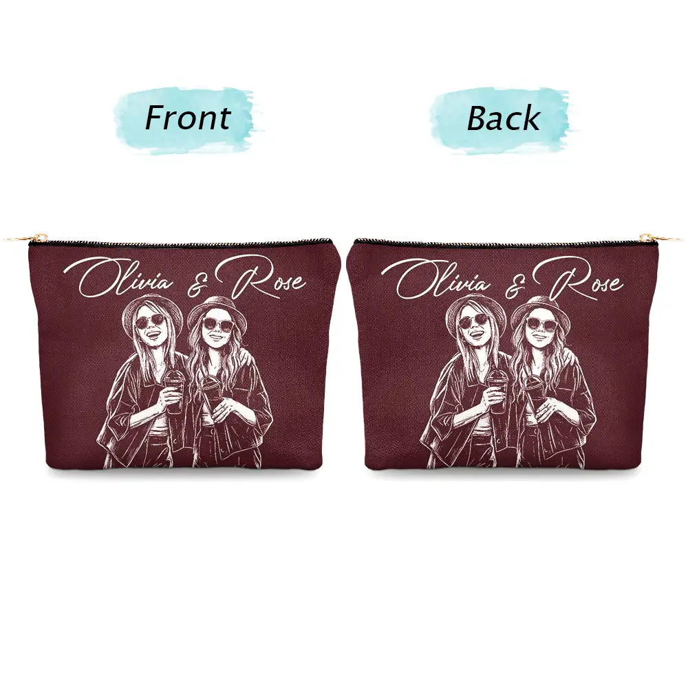 Custom Photo Pencil Sketch Besties Family Pet Funny Portrait - Personalized Cosmetic Bag